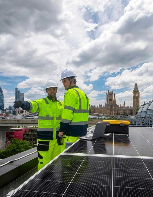 Bespoke solar installation team standing in front of a completed residential solar panel project in London.