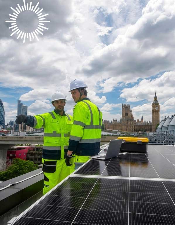 Bespoke solar installation team standing in front of a completed residential solar panel project in London.